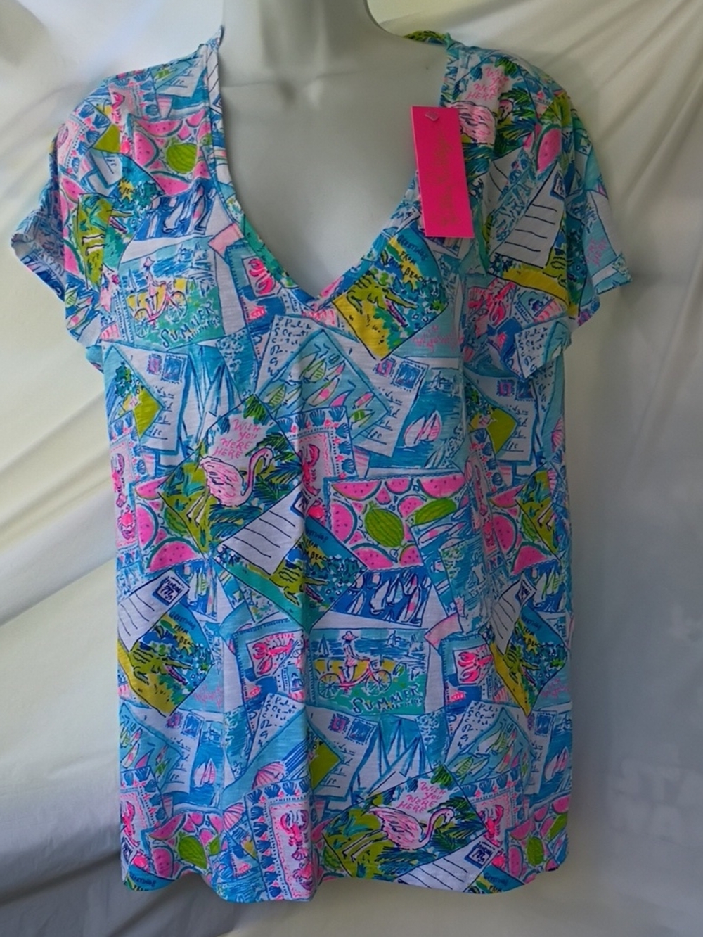 Lilly Pulitzer Vibrant Postcard Print V-Neck Top - Blue, Pink, Green  Large New